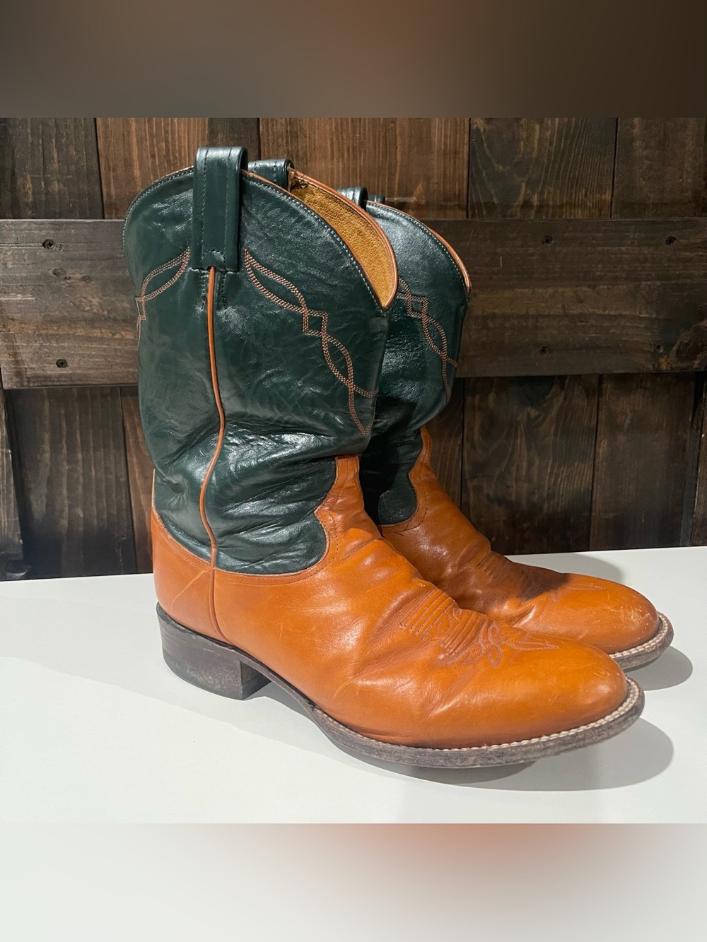 Vintage Tony Lama Mens 10.5D Brown Green Leather Round Toe Pull On Boots Rodeo